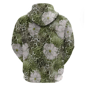 African Leopard Floral Pattern Hoodie Safari Moss