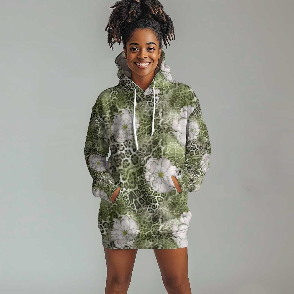African Leopard Floral Pattern Hoodie Dress Safari Moss