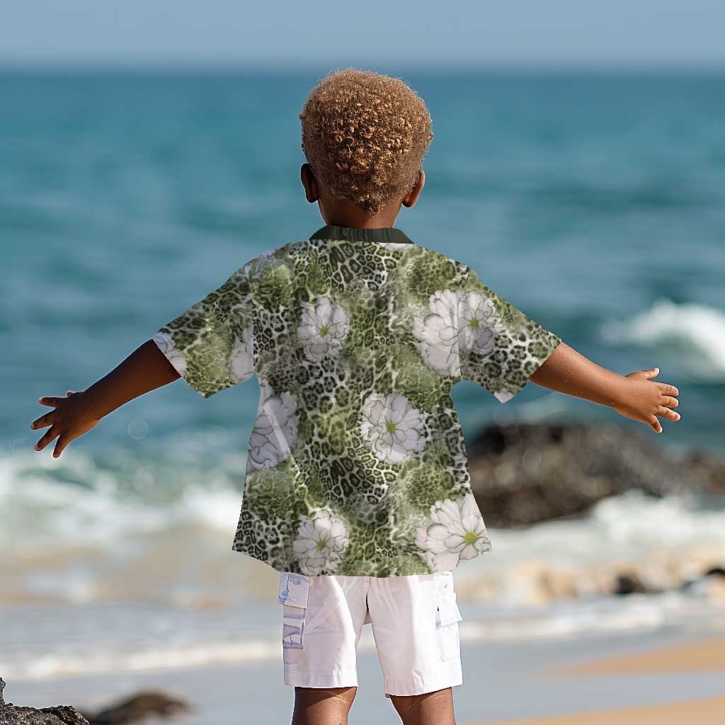 African Leopard Floral Pattern Kid Hawaiian Shirt Safari Moss