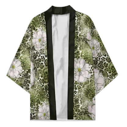 African Leopard Floral Pattern Kimono Safari Moss