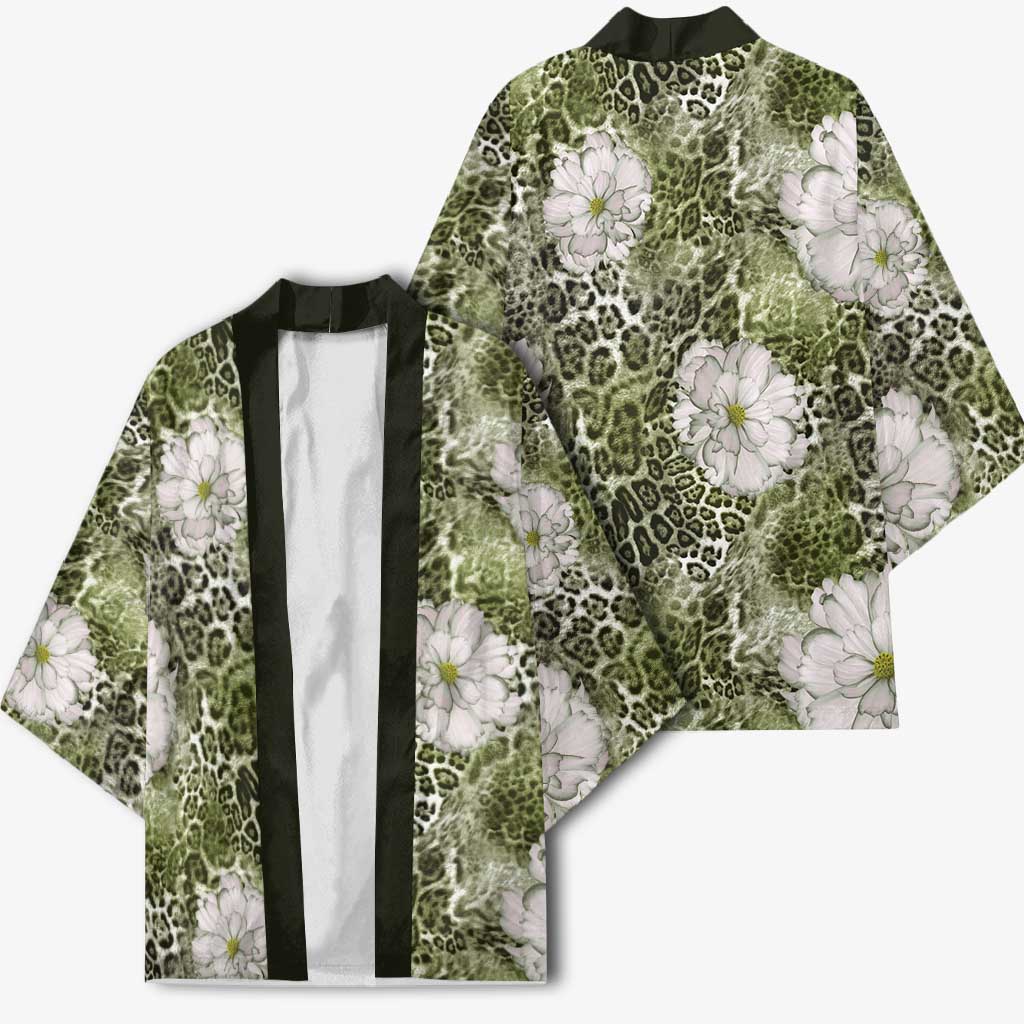 African Leopard Floral Pattern Kimono Safari Moss