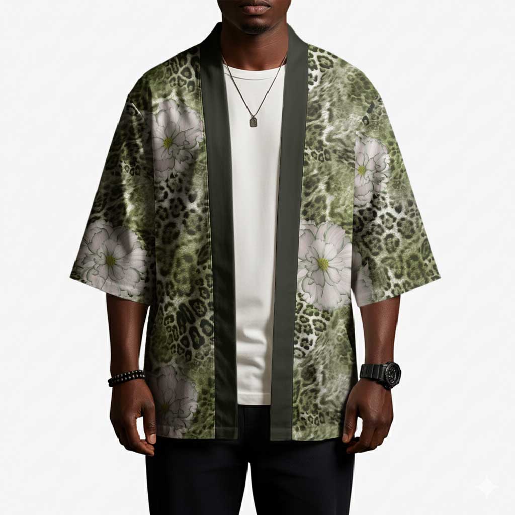 African Leopard Floral Pattern Kimono Safari Moss