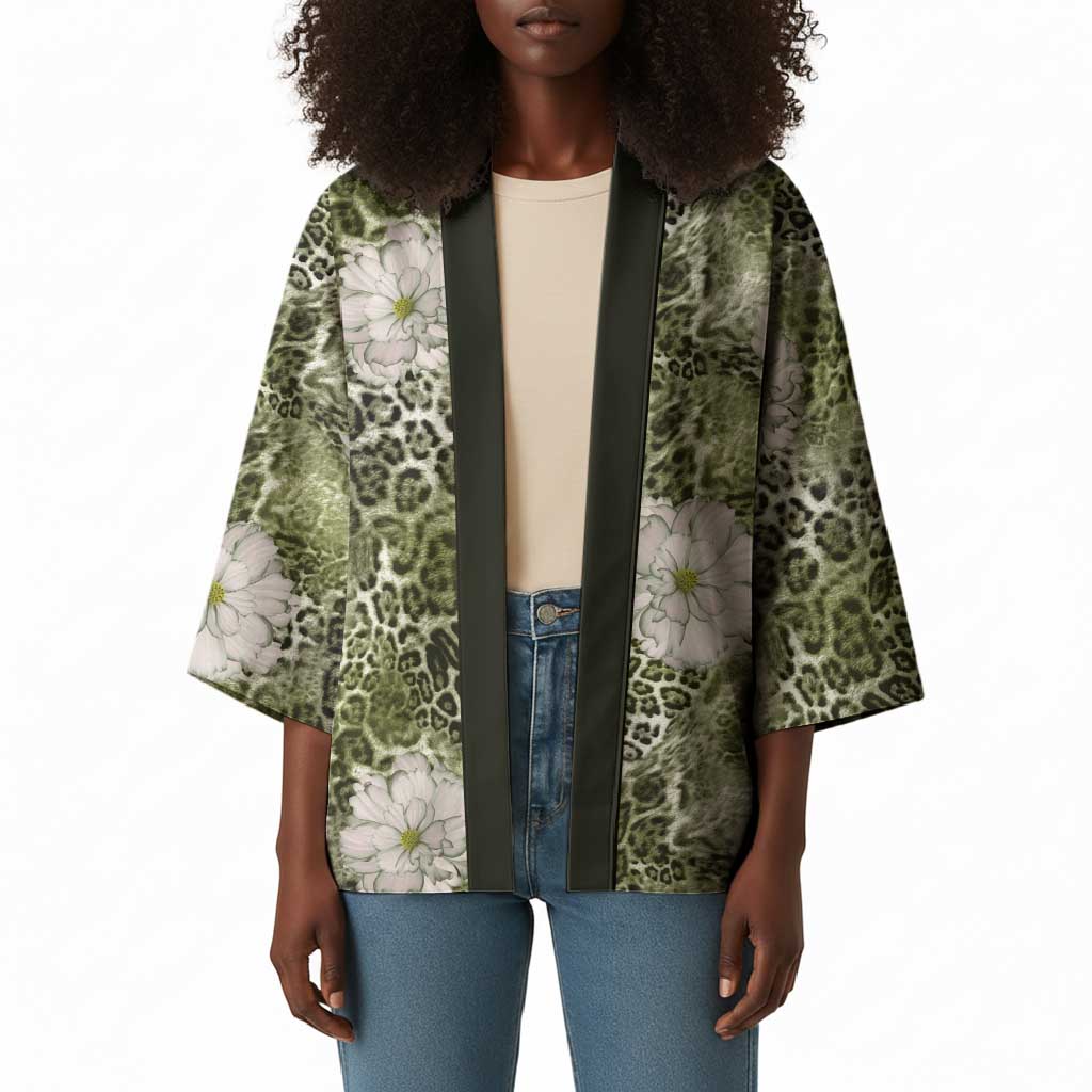 African Leopard Floral Pattern Kimono Safari Moss
