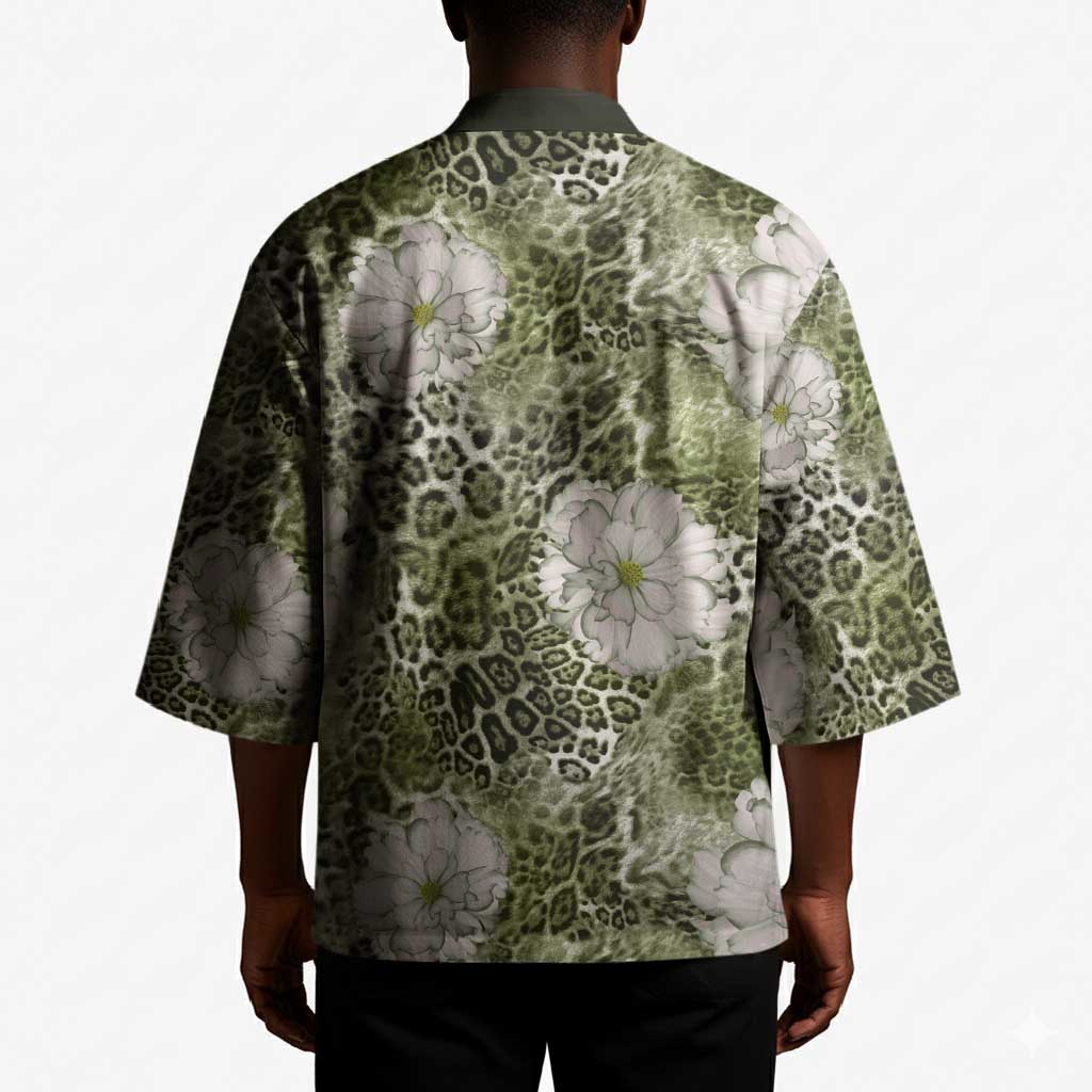 African Leopard Floral Pattern Kimono Safari Moss