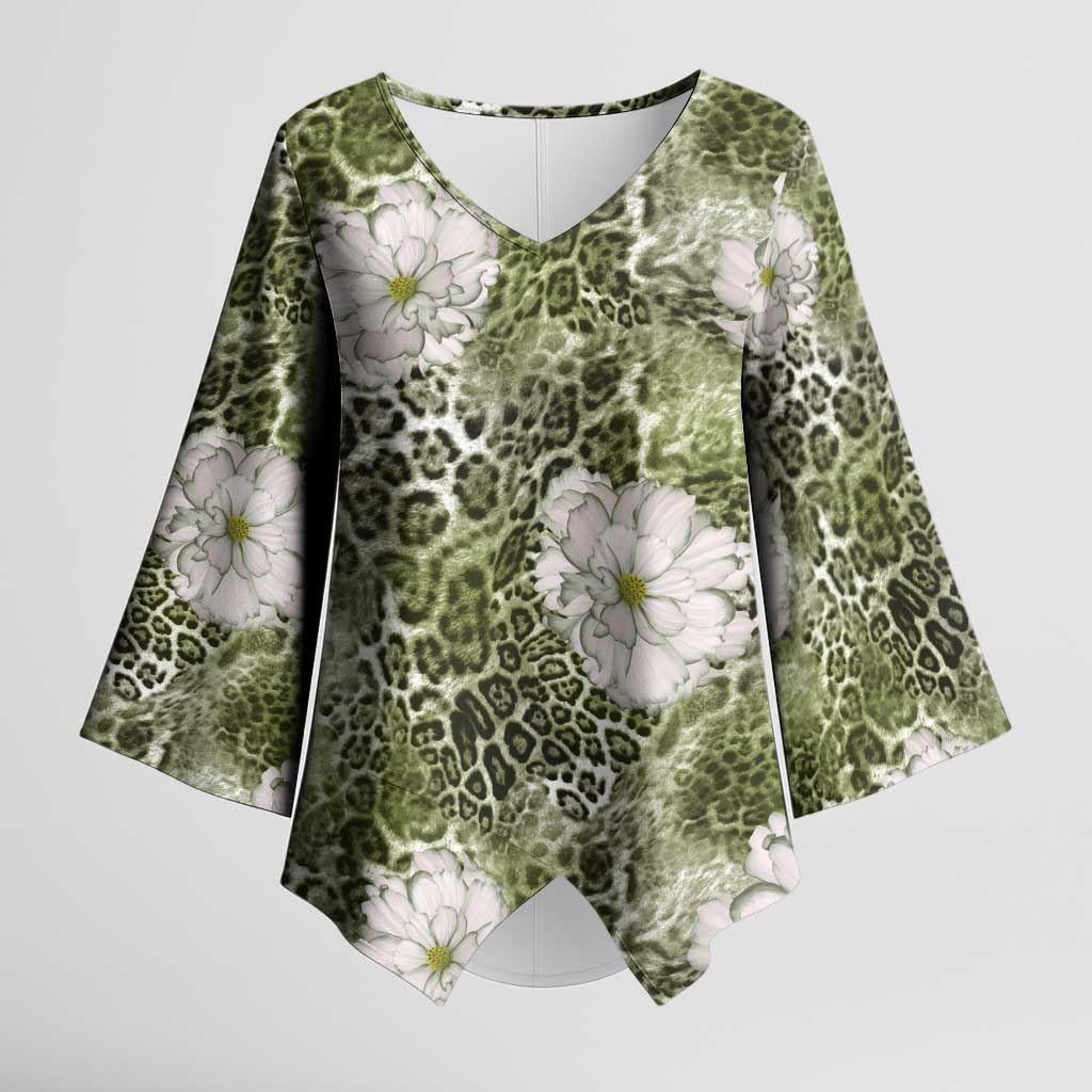 African Leopard Floral Pattern Kimono Sleeve Blouse Safari Moss