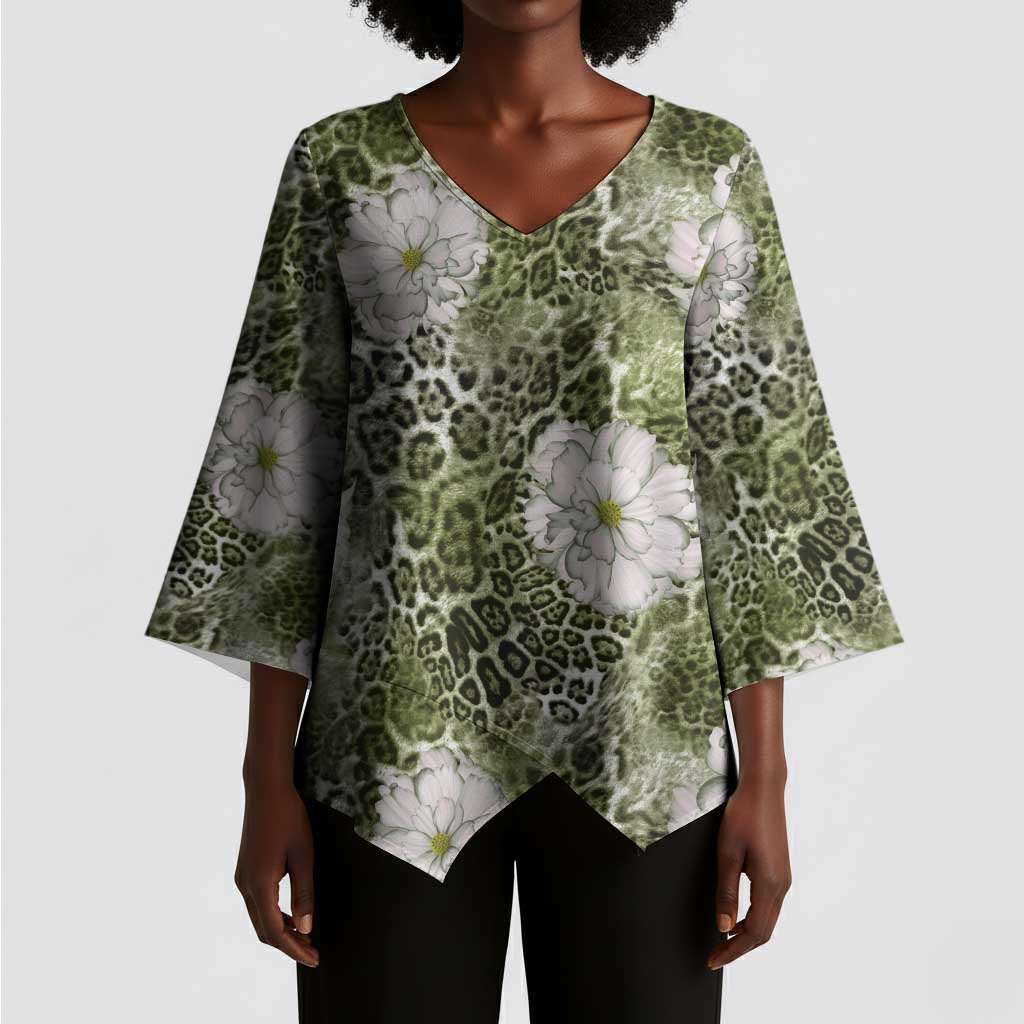 African Leopard Floral Pattern Kimono Sleeve Blouse Safari Moss