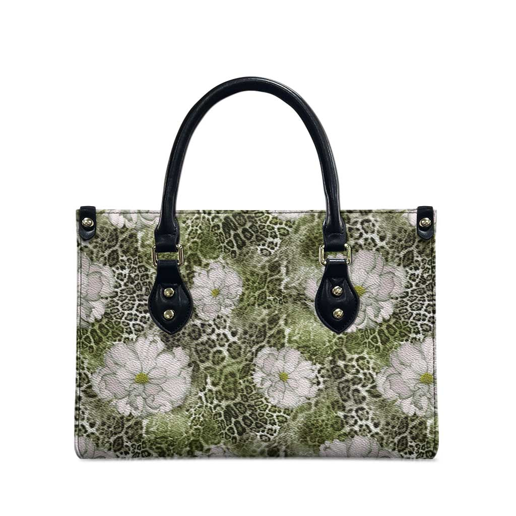 African Leopard Floral Pattern Leather Bag Safari Moss