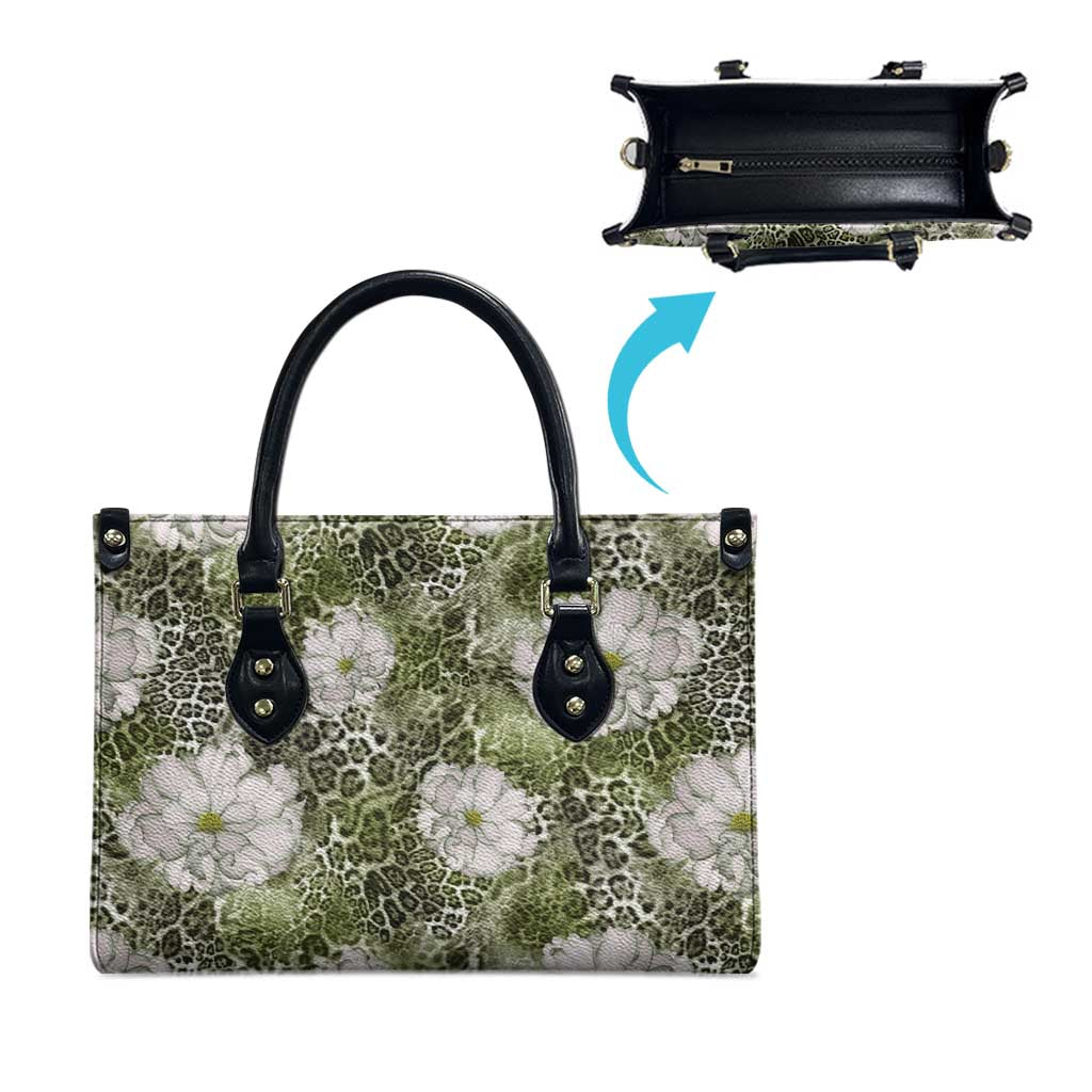 African Leopard Floral Pattern Leather Bag Safari Moss