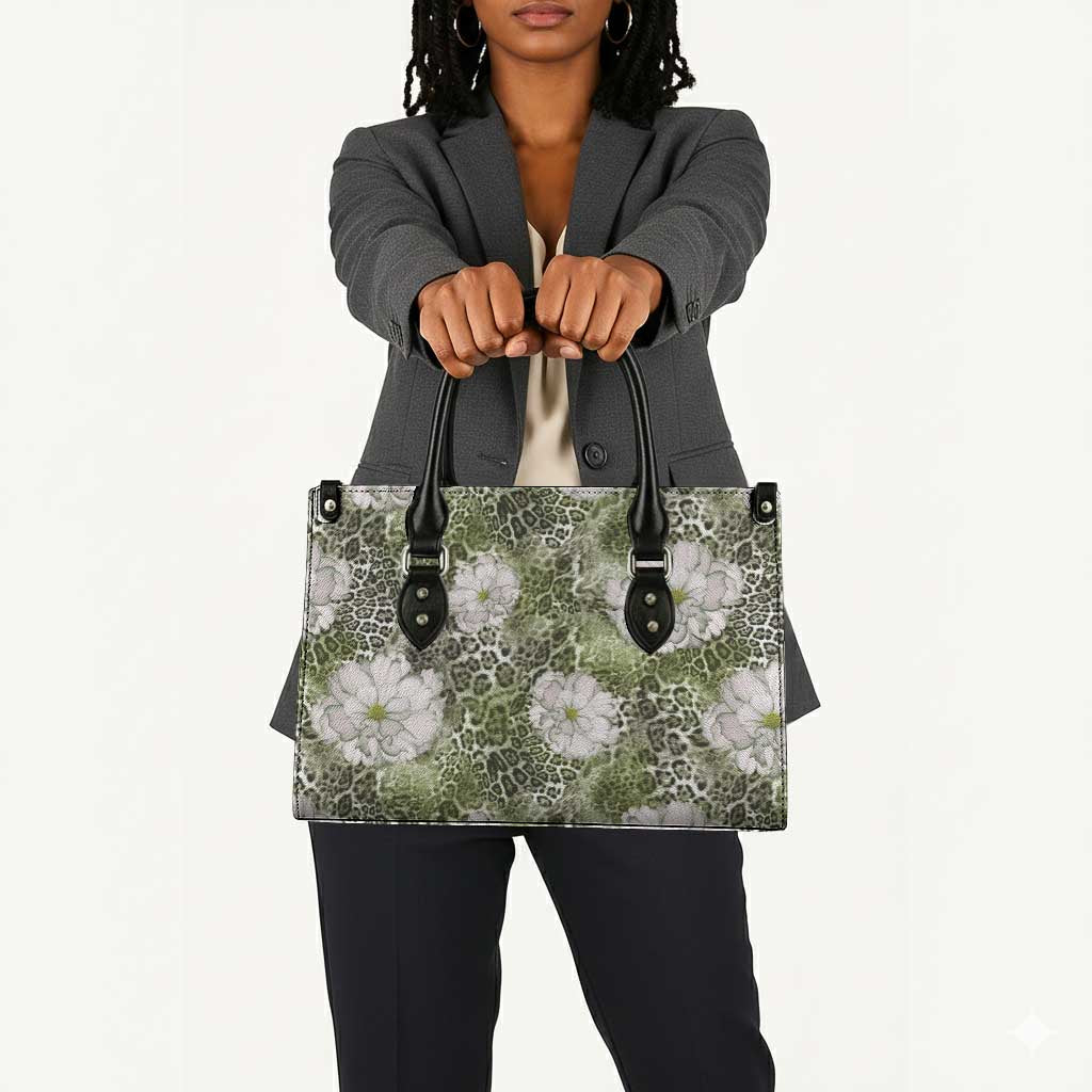 African Leopard Floral Pattern Leather Bag Safari Moss