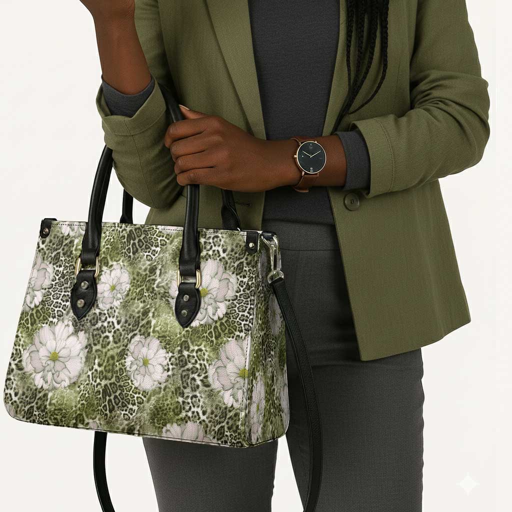 African Leopard Floral Pattern Leather Bag Safari Moss