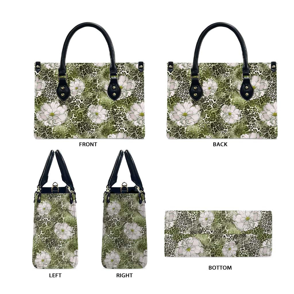 African Leopard Floral Pattern Leather Bag Safari Moss