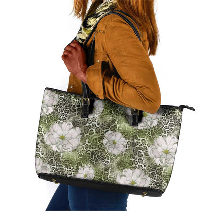 African Leopard Floral Pattern Leather Tote Bag Safari Moss