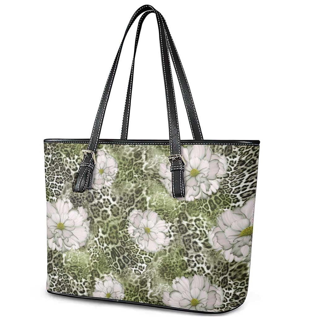 African Leopard Floral Pattern Leather Tote Bag Safari Moss