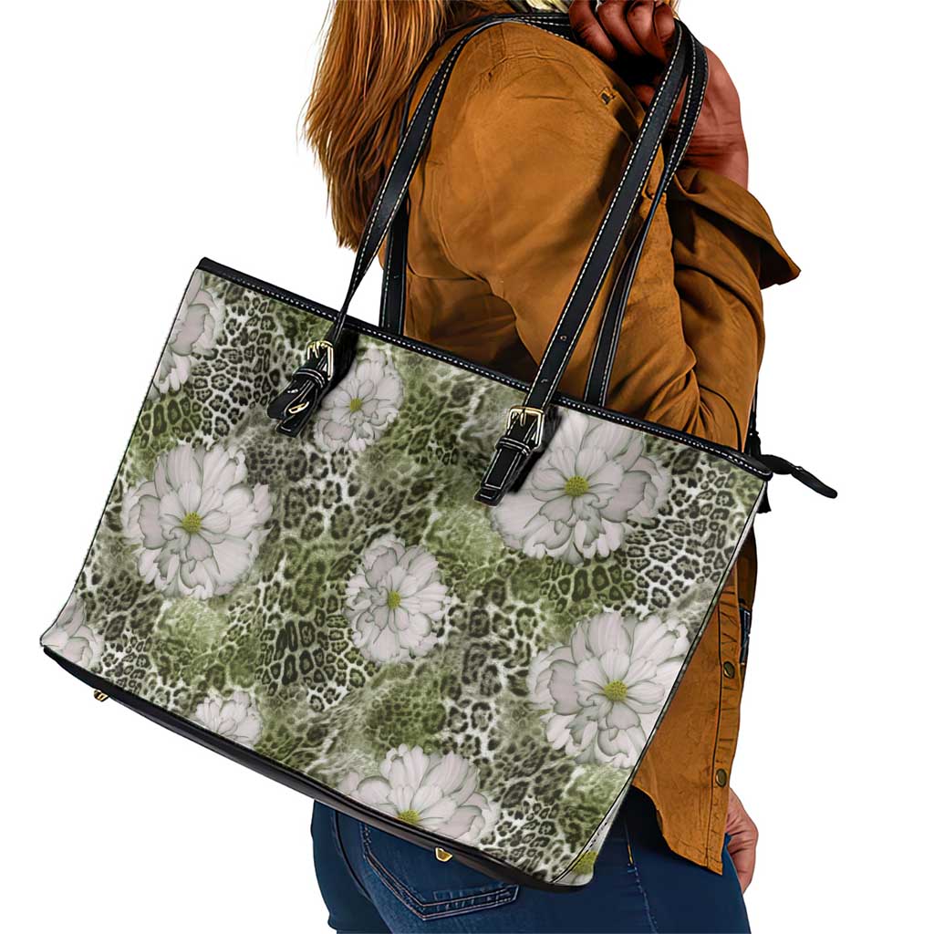 African Leopard Floral Pattern Leather Tote Bag Safari Moss