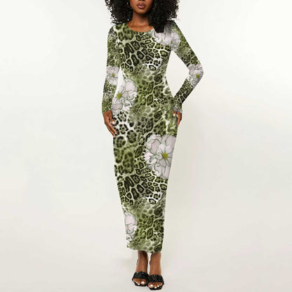 African Leopard Floral Pattern Long Sleeve Bodycon Dress Safari Moss