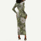 African Leopard Floral Pattern Long Sleeve Bodycon Dress Safari Moss