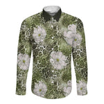 African Leopard Floral Pattern Long Sleeve Button Shirt Safari Moss