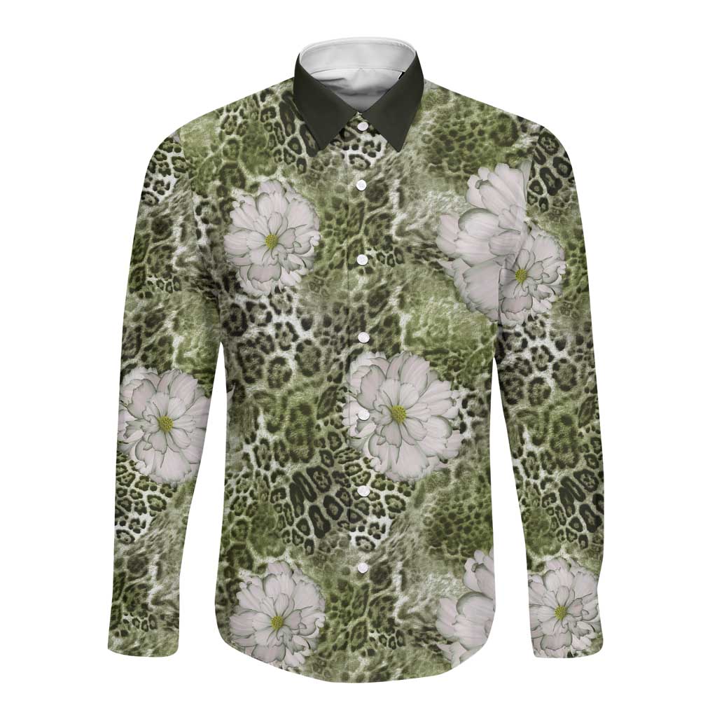 African Leopard Floral Pattern Long Sleeve Button Shirt Safari Moss