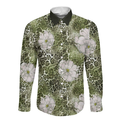 African Leopard Floral Pattern Long Sleeve Button Shirt Safari Moss