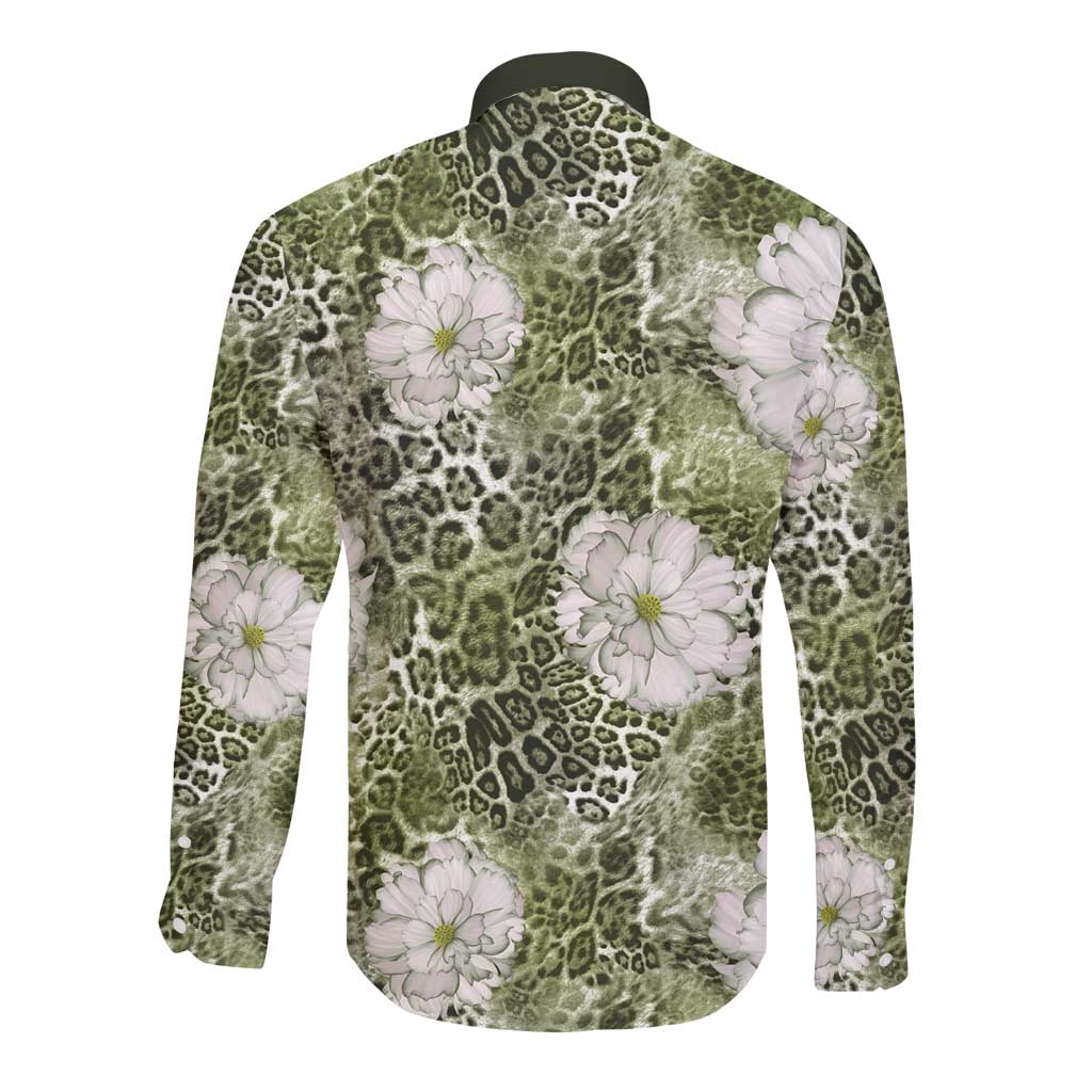 African Leopard Floral Pattern Long Sleeve Button Shirt Safari Moss