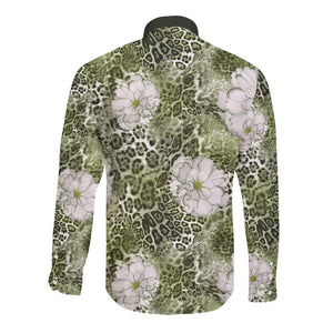 African Leopard Floral Pattern Long Sleeve Button Shirt Safari Moss
