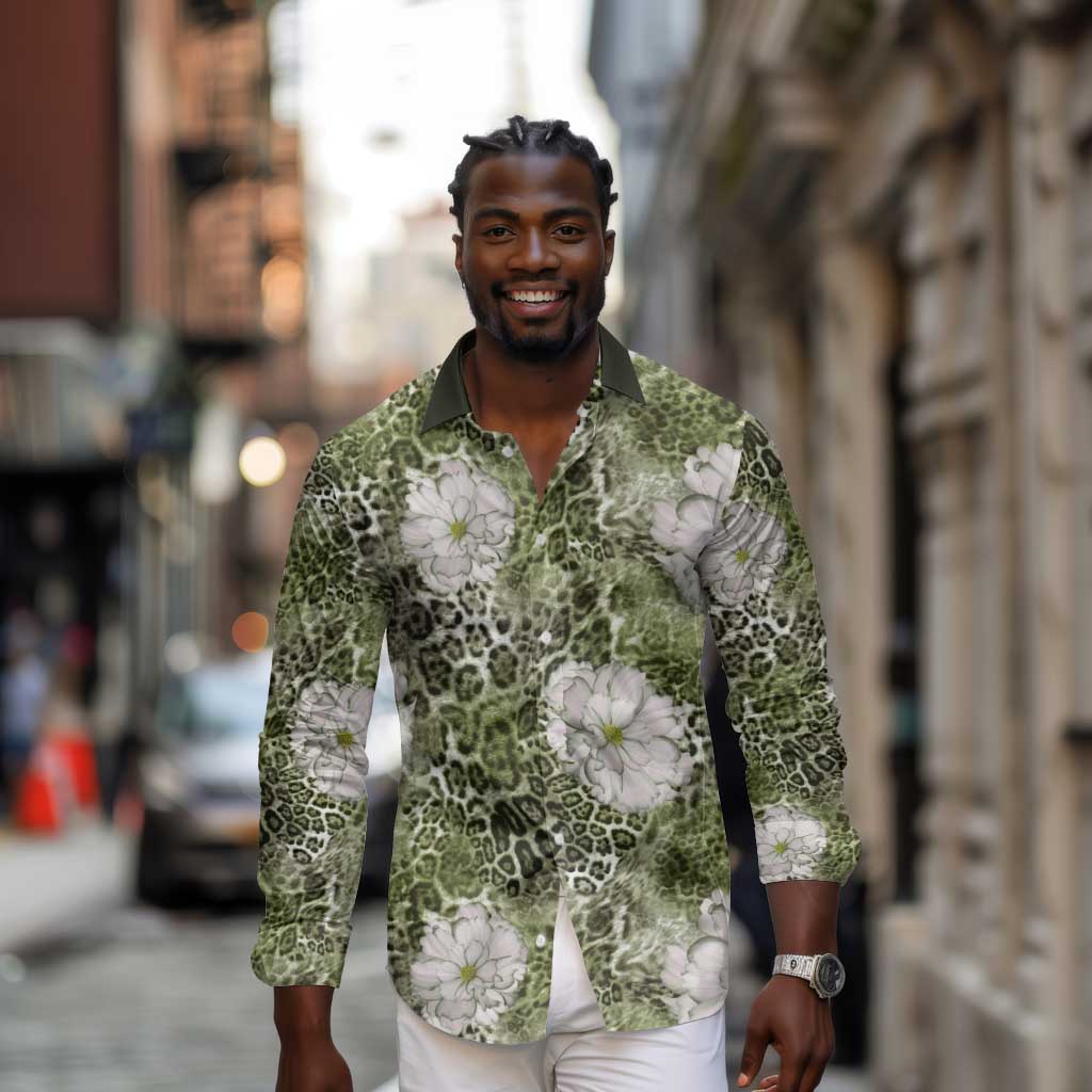 African Leopard Floral Pattern Long Sleeve Button Shirt Safari Moss