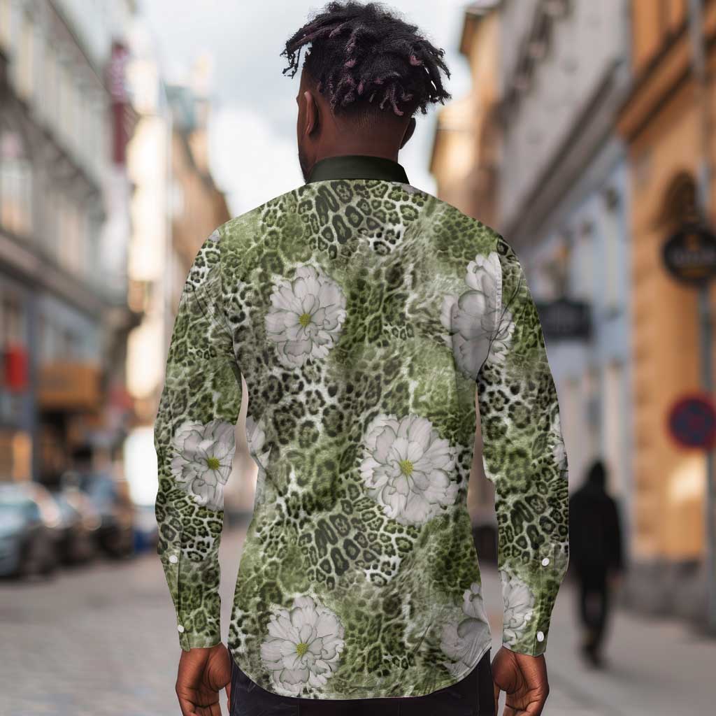 African Leopard Floral Pattern Long Sleeve Button Shirt Safari Moss