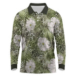 African Leopard Floral Pattern Long Sleeve Polo Shirt Safari Moss