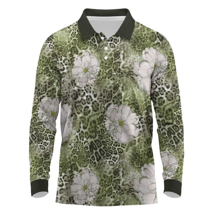 African Leopard Floral Pattern Long Sleeve Polo Shirt Safari Moss