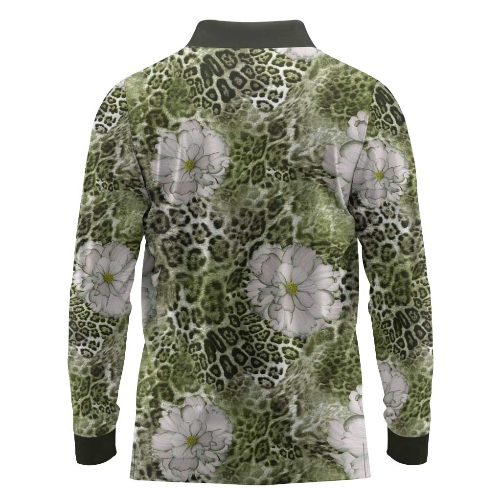 African Leopard Floral Pattern Long Sleeve Polo Shirt Safari Moss