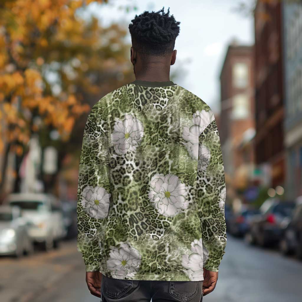 African Leopard Floral Pattern Long Sleeve Shirt Safari Moss