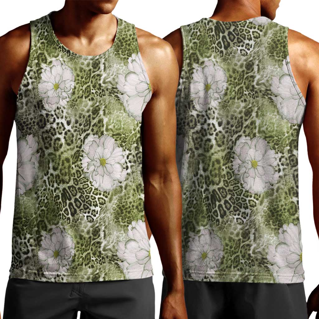 African Leopard Floral Pattern Men Tank Top Safari Moss