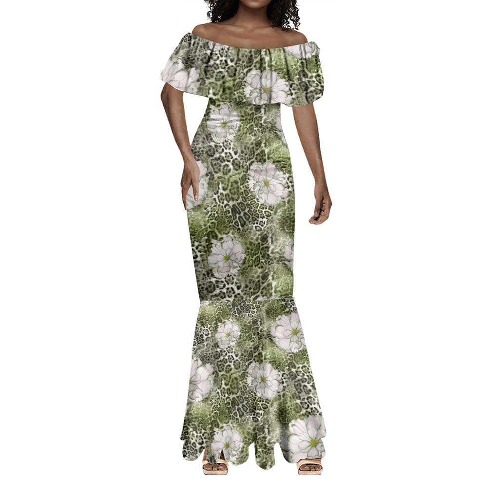 African Leopard Floral Pattern Mermaid Dress Safari Moss
