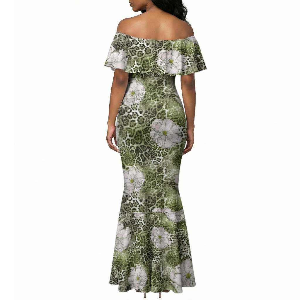 African Leopard Floral Pattern Mermaid Dress Safari Moss