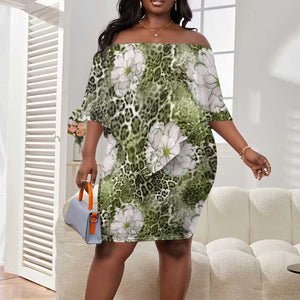 African Leopard Floral Pattern Off Shoulder Short Dress Safari Moss