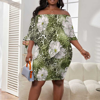 African Leopard Floral Pattern Off Shoulder Short Dress Safari Moss