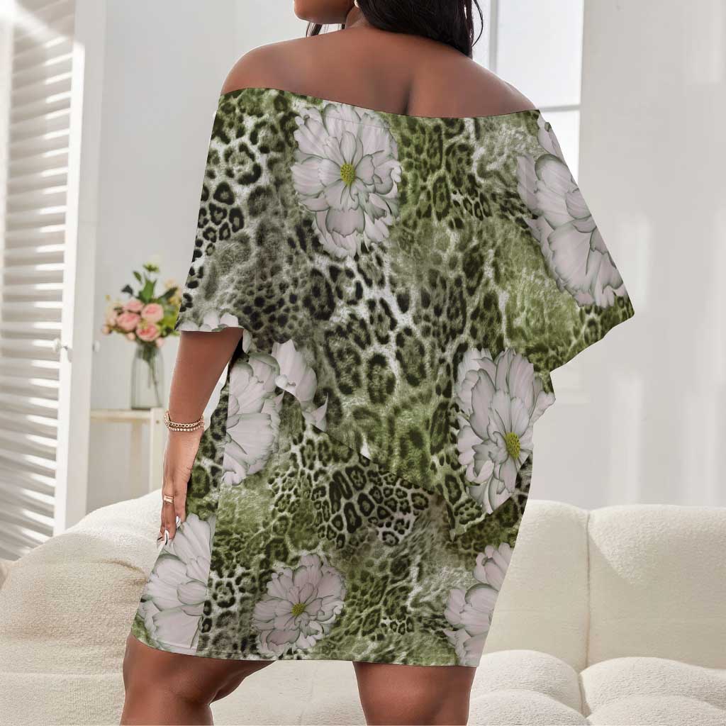 African Leopard Floral Pattern Off Shoulder Short Dress Safari Moss