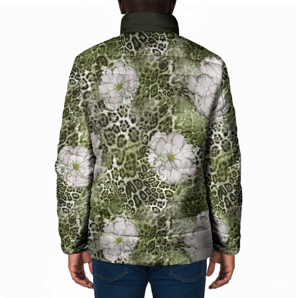 African Leopard Floral Pattern Padded Jacket Safari Moss