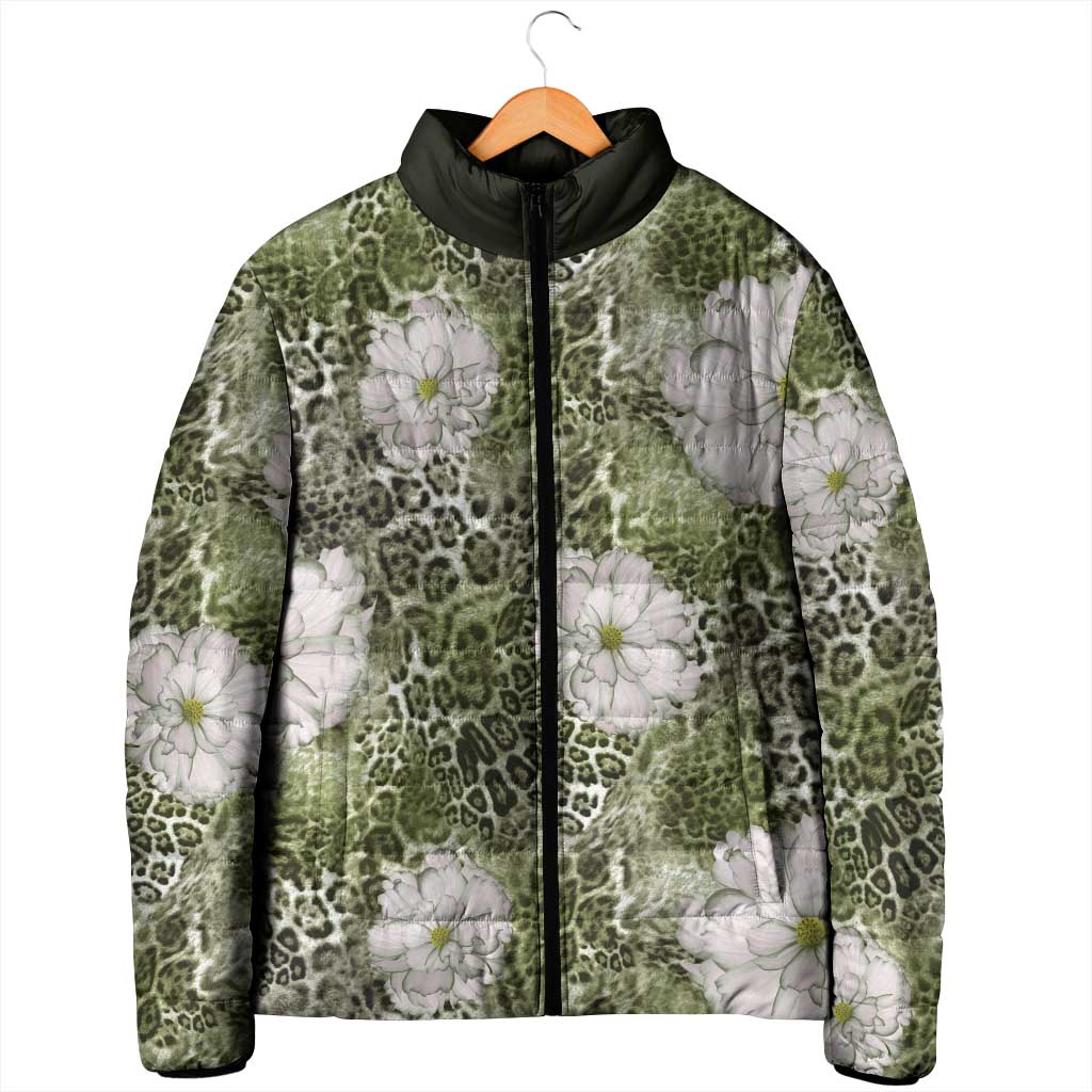 African Leopard Floral Pattern Padded Jacket Safari Moss