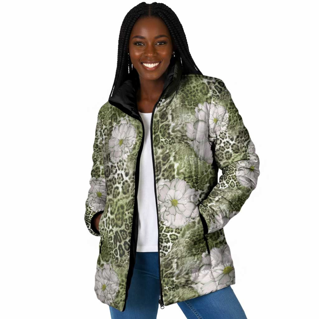 African Leopard Floral Pattern Padded Jacket Safari Moss