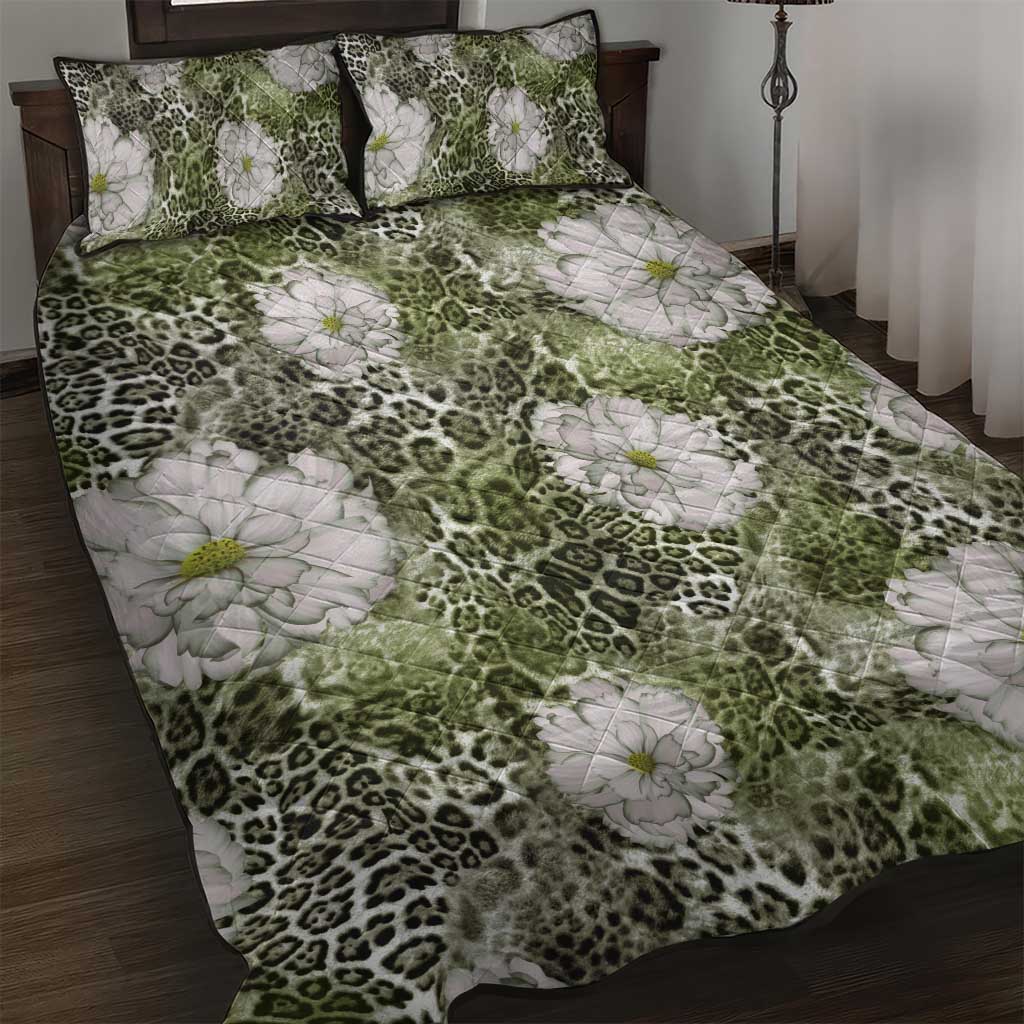 African Leopard Floral Pattern Quilt Bed Set Safari Moss