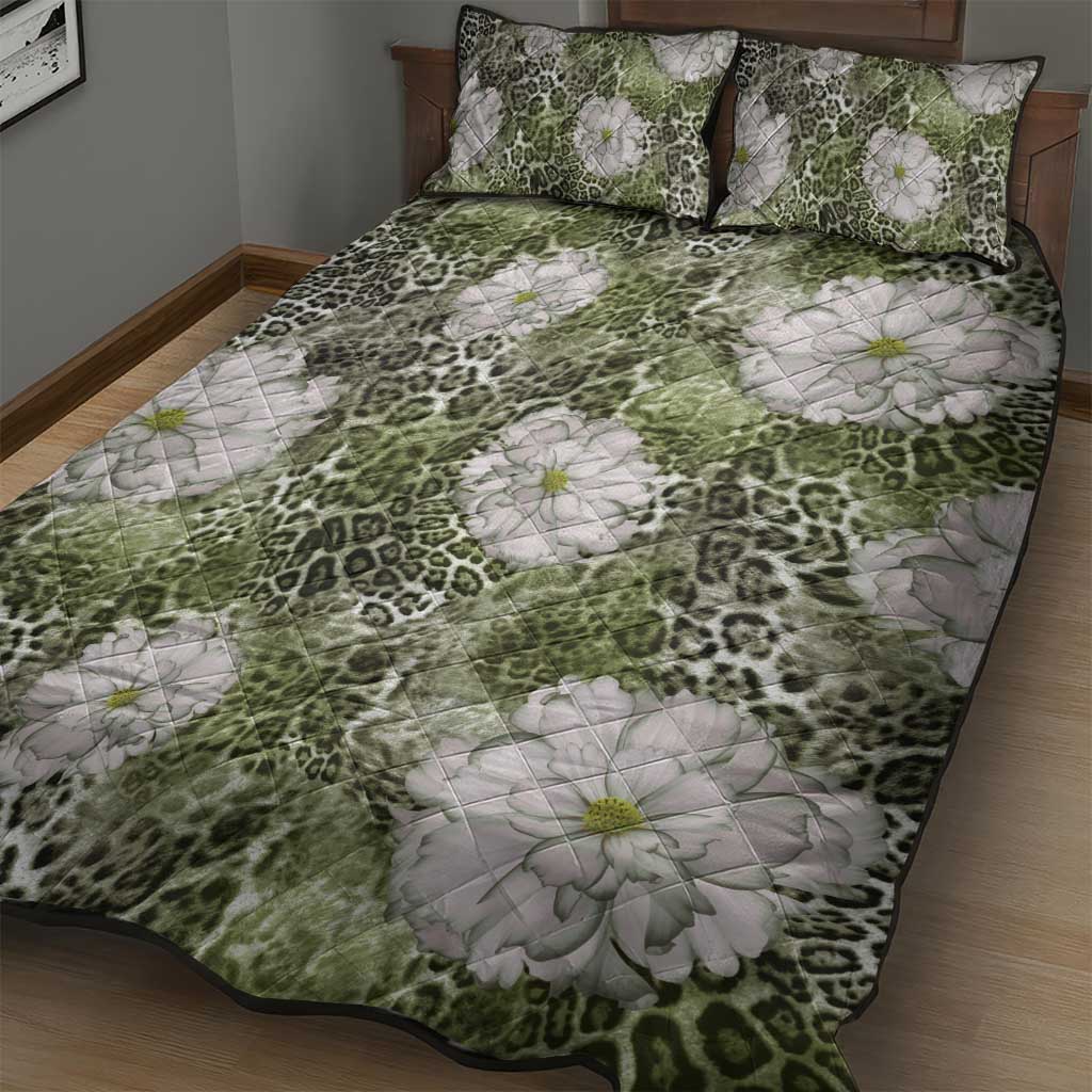 African Leopard Floral Pattern Quilt Bed Set Safari Moss