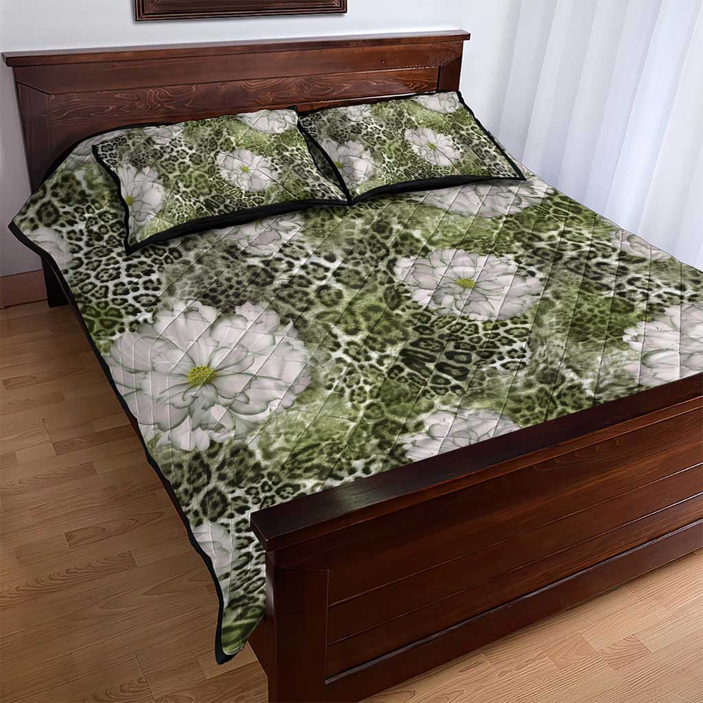 African Leopard Floral Pattern Quilt Bed Set Safari Moss