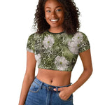 African Leopard Floral Pattern Raglan Cropped T shirt Safari Moss