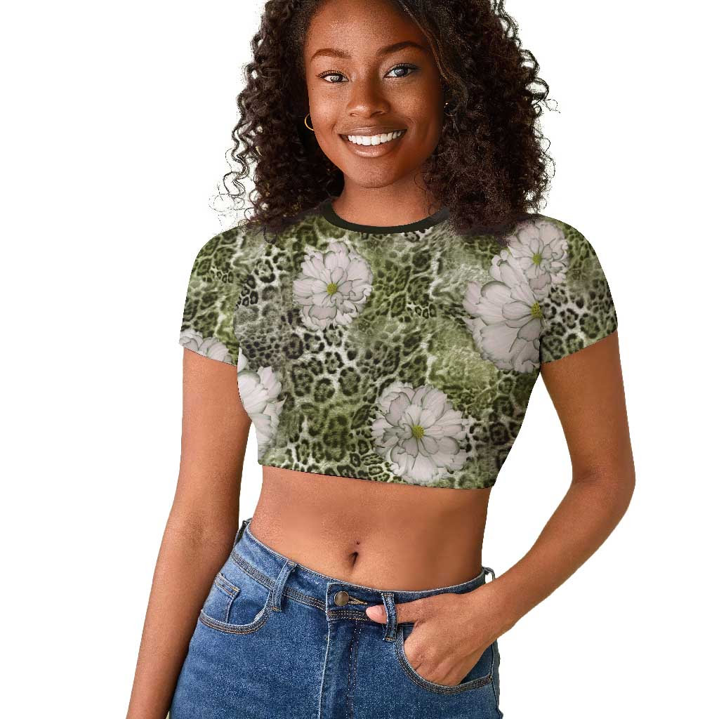 African Leopard Floral Pattern Raglan Cropped T shirt Safari Moss