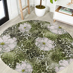 African Leopard Floral Pattern Round Carpet Safari Moss