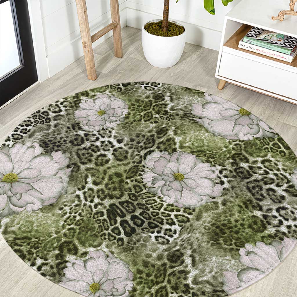 African Leopard Floral Pattern Round Carpet Safari Moss