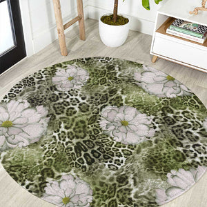 African Leopard Floral Pattern Round Carpet Safari Moss