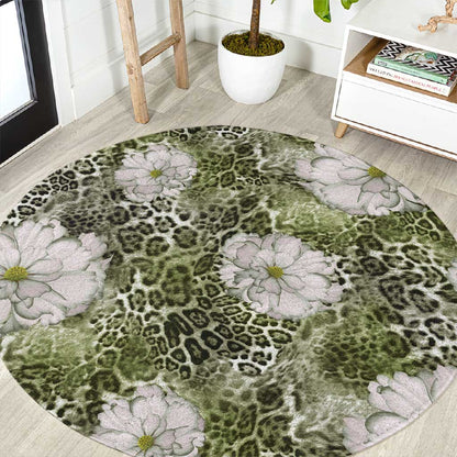 African Leopard Floral Pattern Round Carpet Safari Moss