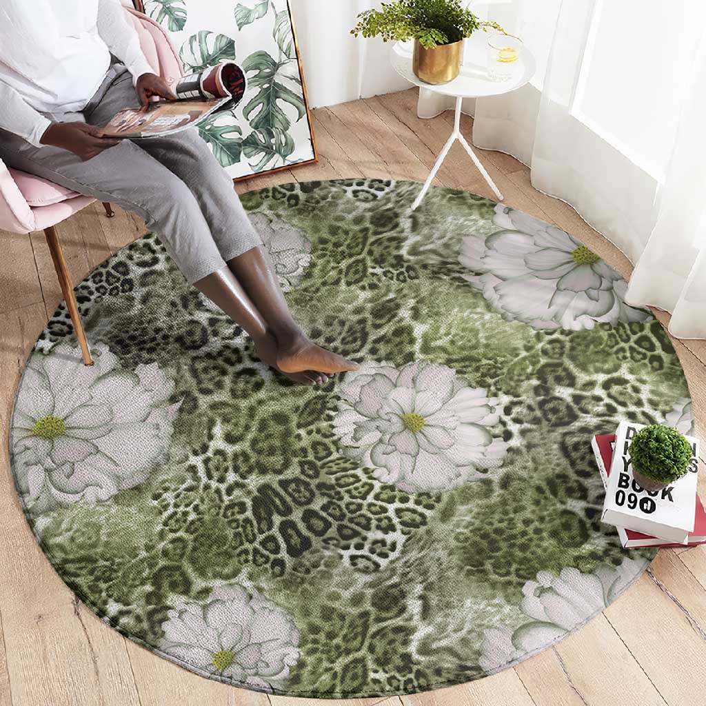 African Leopard Floral Pattern Round Carpet Safari Moss